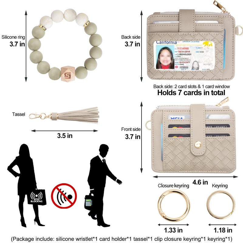 COOLANS Wristlet Bracelet Keychain Pocket Credit Card Holder Purse Tassel Keychain Bangle Key Ring for Women (Silicone Bead Bracelet+Card Purse (Grey)) - Image 2